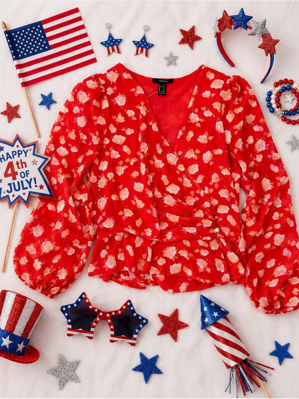 Forever 21 Red Floral Wrap Blouse with Covered Buttons Closure